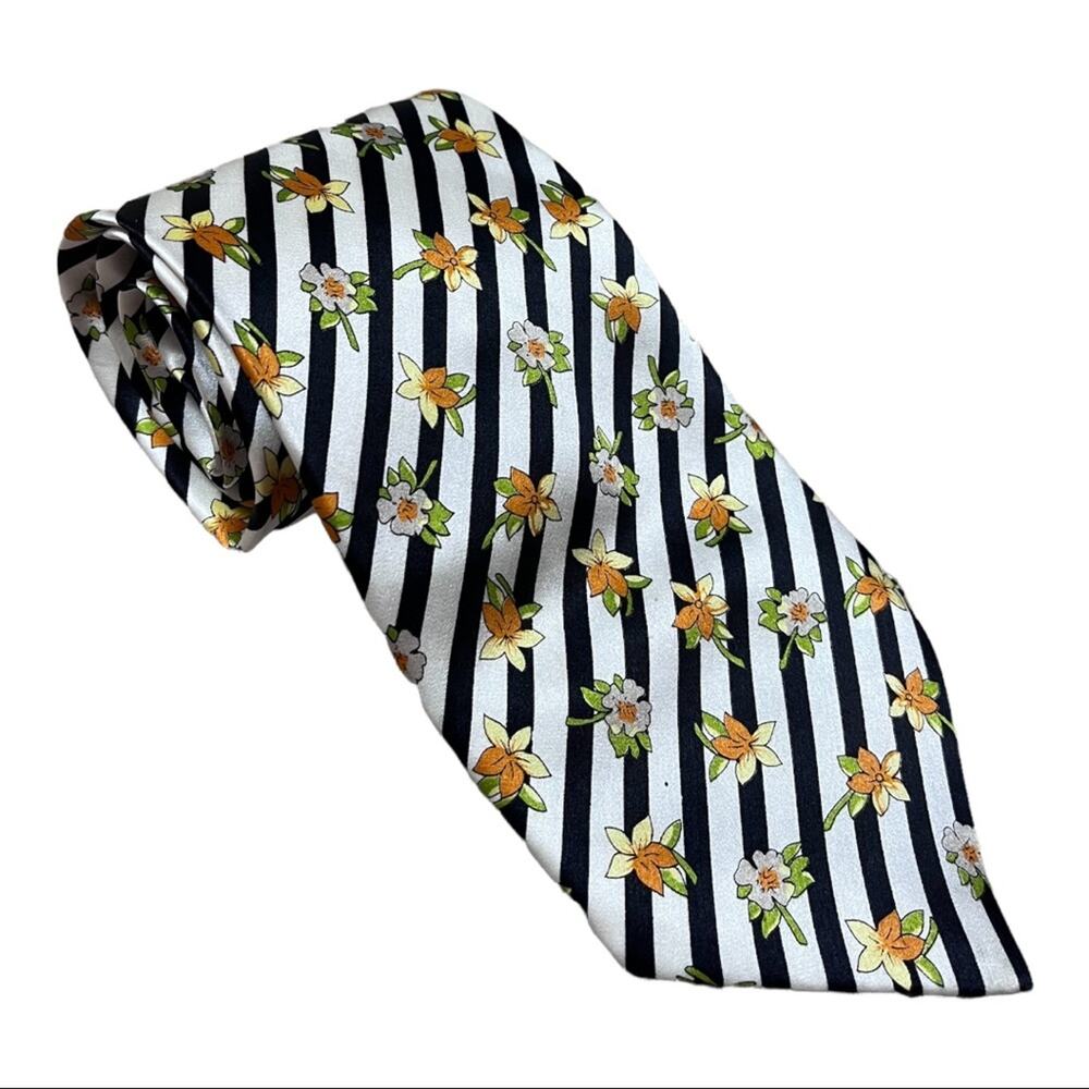 KAI LONG Handmade Silk Striped Floral Necktie